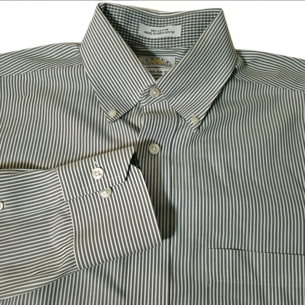 EAGLE SHIRTMAKER GREY Stripe DRESS‎ M BUTTON SHIRT-15.5 32/33 NON IRON EUC